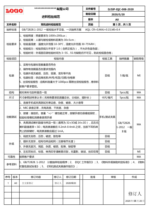 耳机进料检验规范