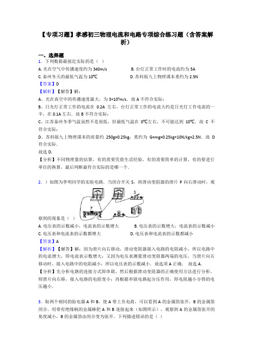 【专项习题】孝感初三物理电流和电路专项综合练习题(含答案解析)