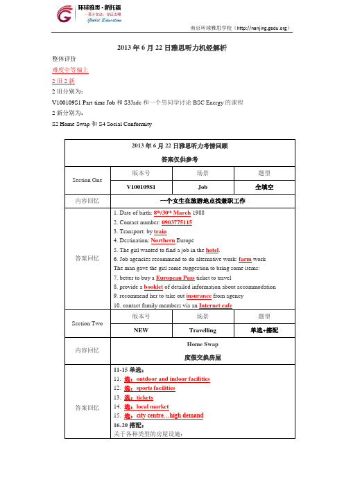 【南京环球雅思听力机经】2013年6月22日雅思听力机经解析