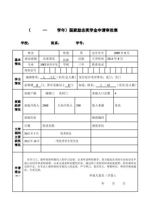 国家励志奖学金申请审批表