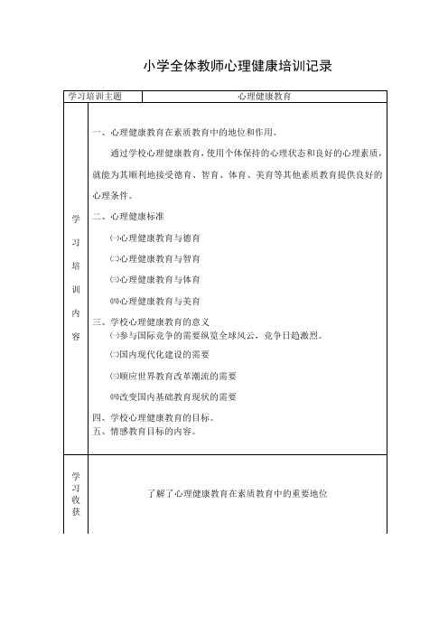 小学全体教师心理健康培训记录表