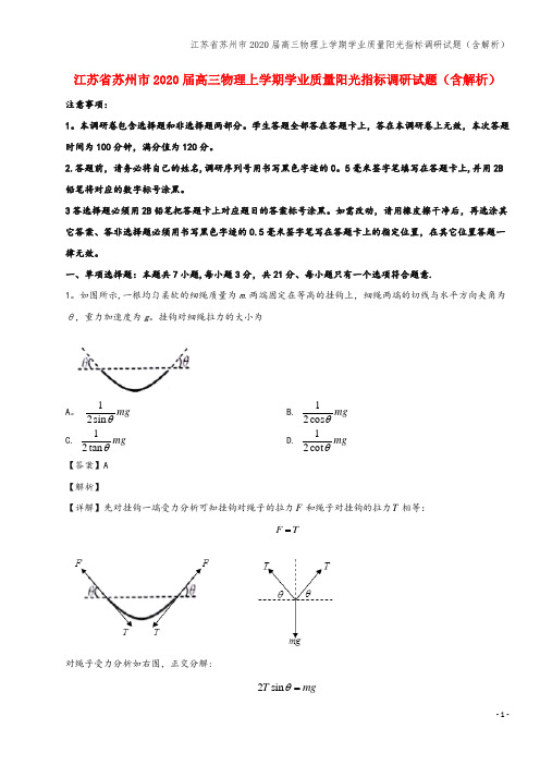 江苏省苏州市2020届高三物理上学期学业质量阳光指标调研试题(含解析)