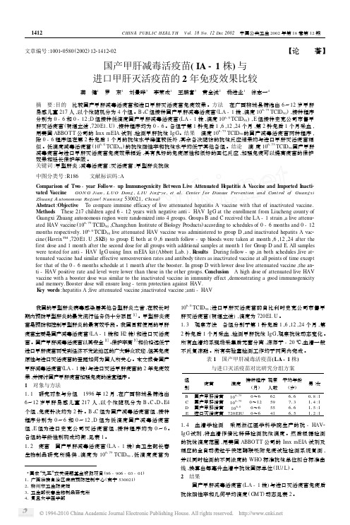 [3]国产甲肝减毒活疫苗_IA_1株_与进口甲肝灭活疫苗的2年免疫效果比较