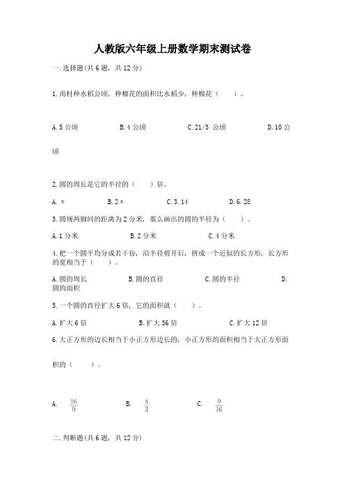 人教版六年级上册数学期末测试卷及完整答案【网校专用】