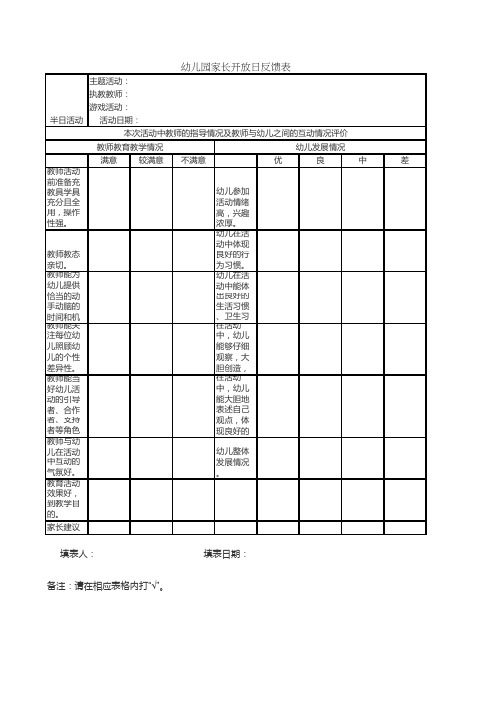 幼儿园家长开放日反馈表