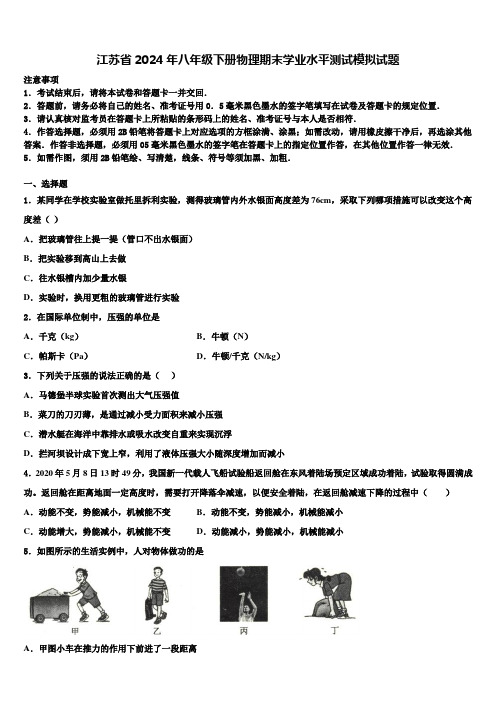 江苏省2024年八年级下册物理期末学业水平测试模拟试题含解析