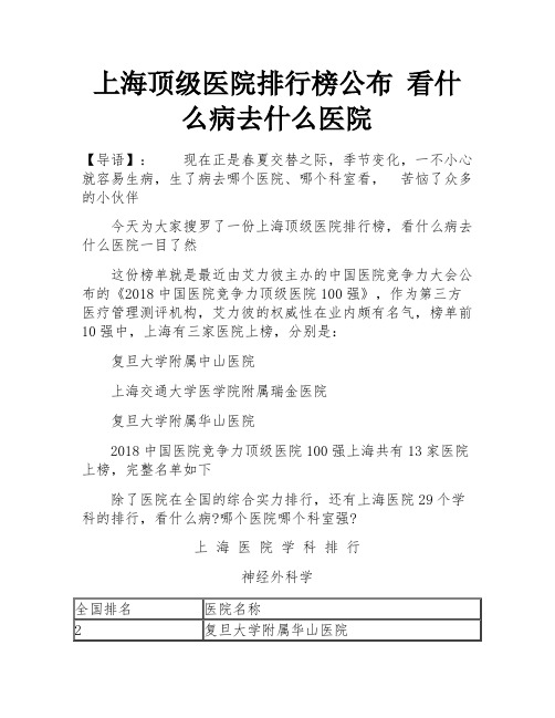 上海顶级医院排行榜公布 看什么病去什么医院