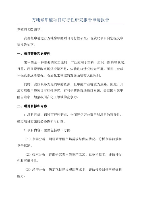 万吨聚甲醛项目可行性研究报告申请报告