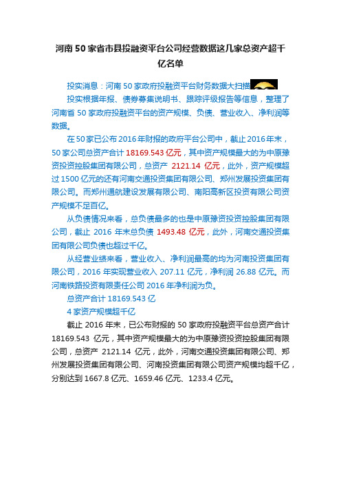 河南50家省市县投融资平台公司经营数据这几家总资产超千亿名单