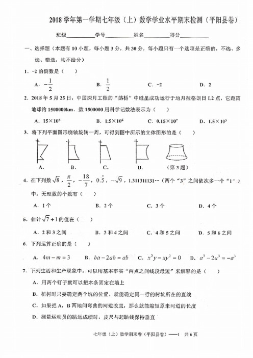 浙江省温州市平阳县2018——2019学年第一学期七年级期末检测数学试题（图片版无答案）