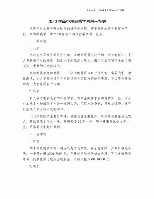 2020年高中澳洲留学费用一览表.doc