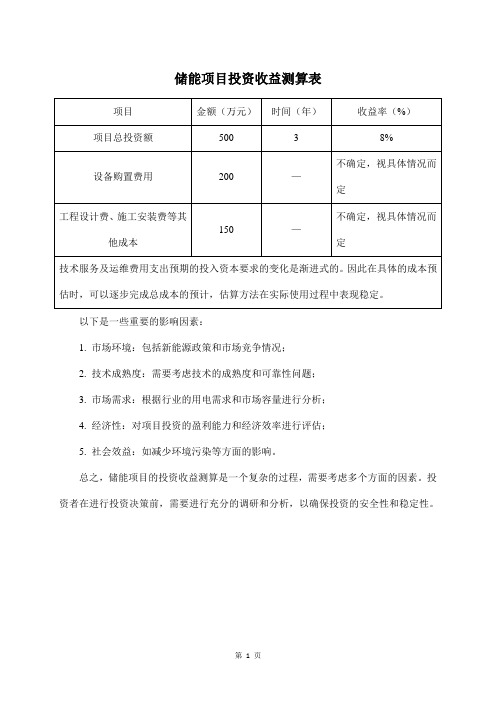 储能项目投资收益测算表