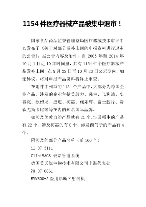 1154件医疗器械产品被集中退审!