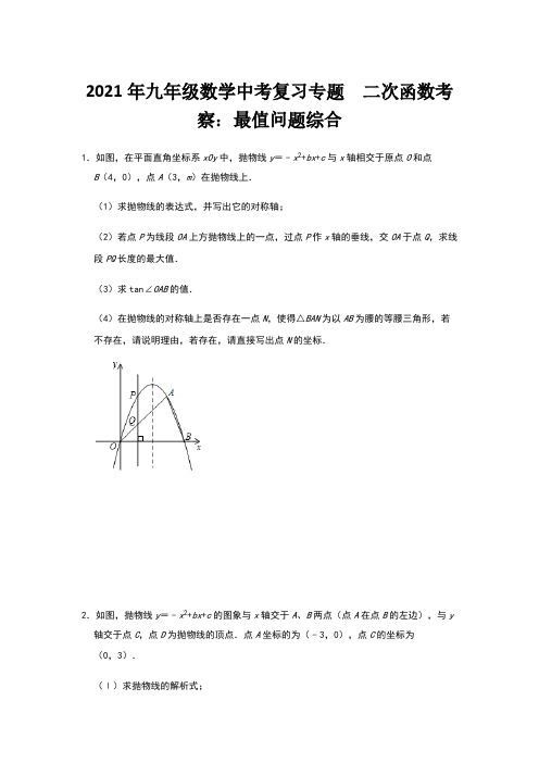 2021年九年级数学中考复习专题  二次函数考察：最值问题综合(含答案)