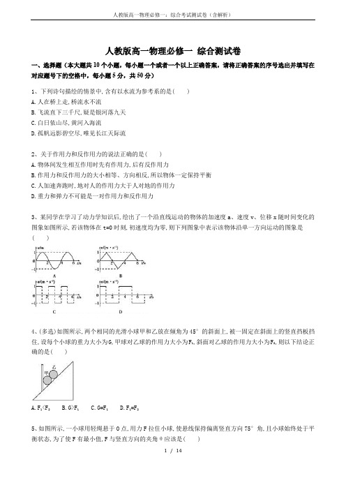 人教版高一物理必修一：综合考试测试卷(含解析)