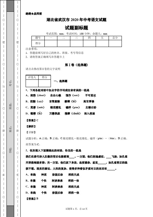 湖北省武汉市2020年中考语文试题及解析