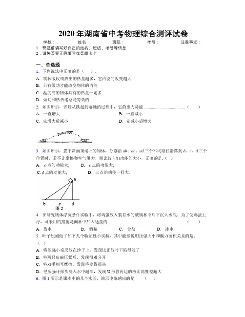 2020年湖南省中考物理综合测评试卷附解析