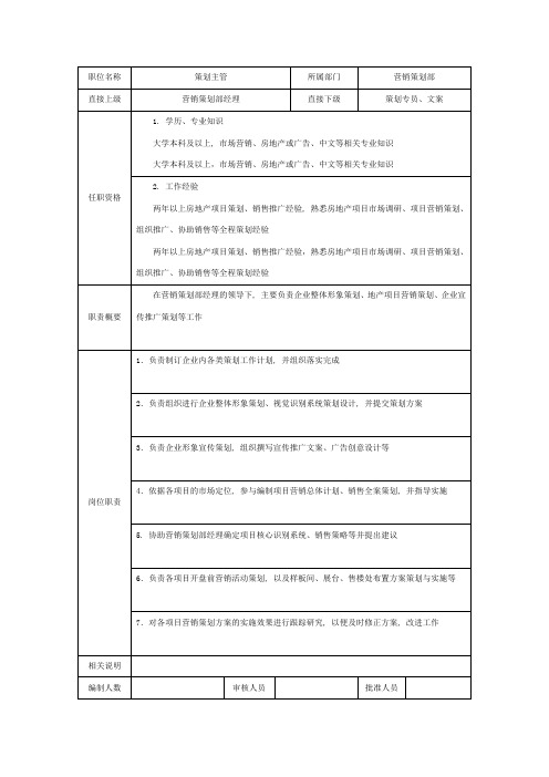 房地产企业策划主管职位说明书