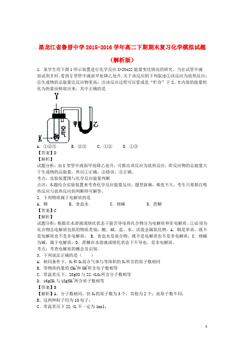 黑龙江省鲁晋中学高二化学下学期期末复习模拟试题(含