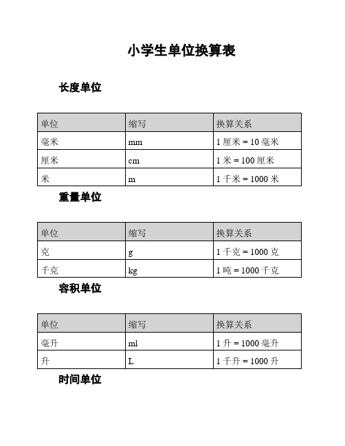 小学生单位换算表