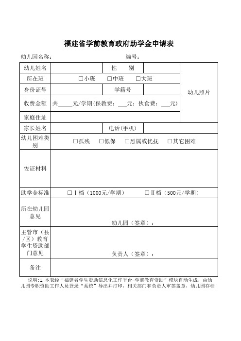 福建省学前教育政府助学金申请表