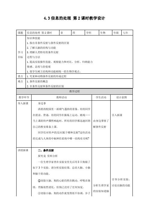 冀教版七年生物下册第四章第3节信息的处理 第2课时（教案）