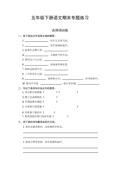 人教部编版五年级下册语文期末复习古诗词专项测评卷(供打印 8页)