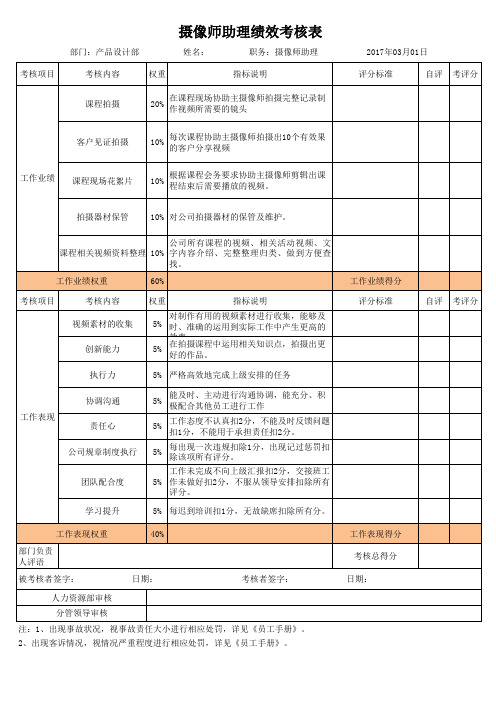 摄像师助理绩效考核表