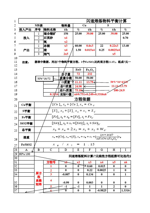 闪速熔炼物料平衡计算(打印稿)