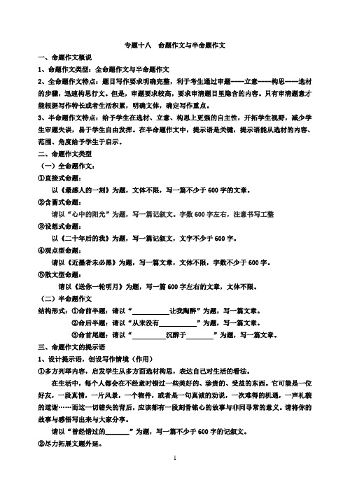 初中语文中考知识点复习专题十八  命题作文与半命题作文