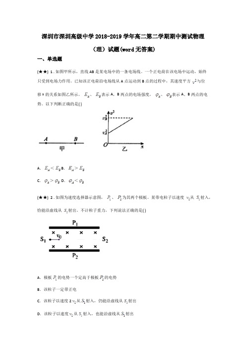 深圳市深圳高级中学2018-2019学年高二第二学期期中测试物理(理)试题(word无答案)