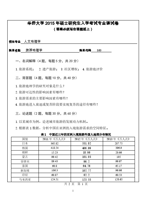 华侨大学考研试题860旅游地理学(2015年~2016年)