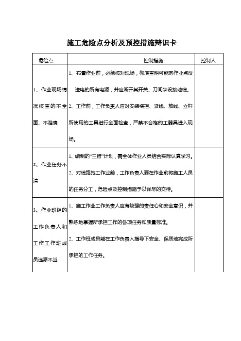 施工危险点分析及预控措施辩识卡