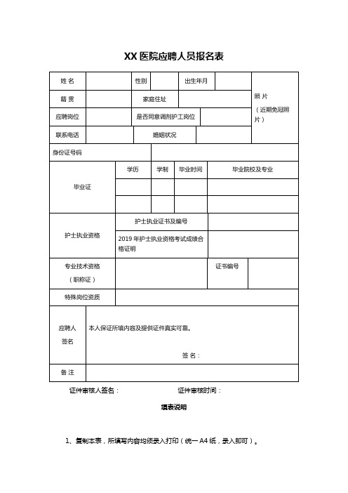 XX医院应聘人员报名表