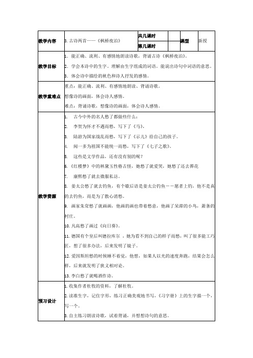 三年级上语文教案-古诗两首 枫桥夜泊苏教版