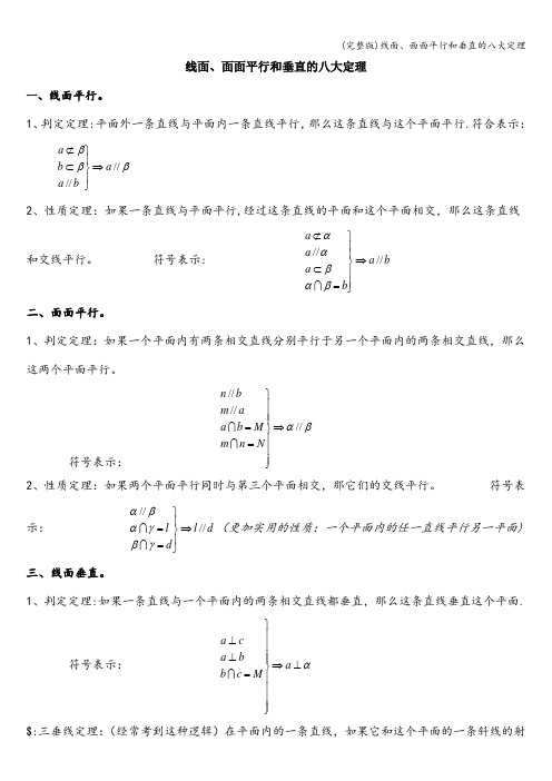 (完整版)线面、面面平行和垂直的八大定理