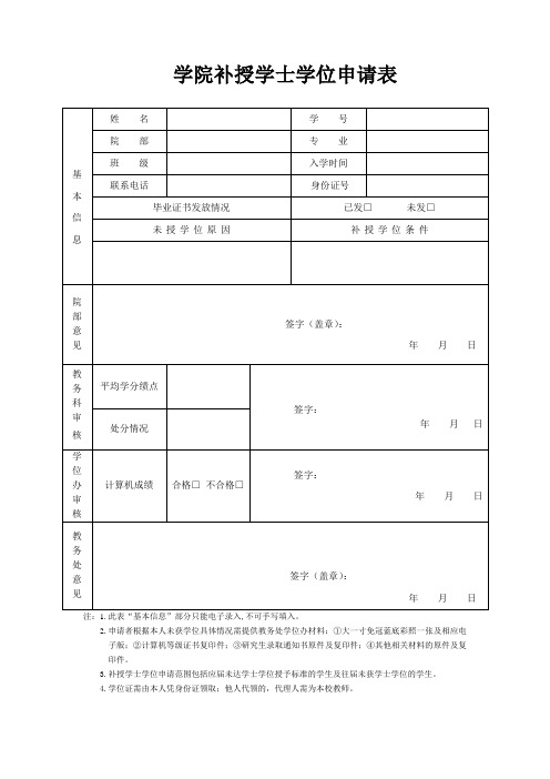 学院补授学士学位申请表