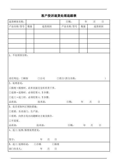 客户投诉退货处理追踪表