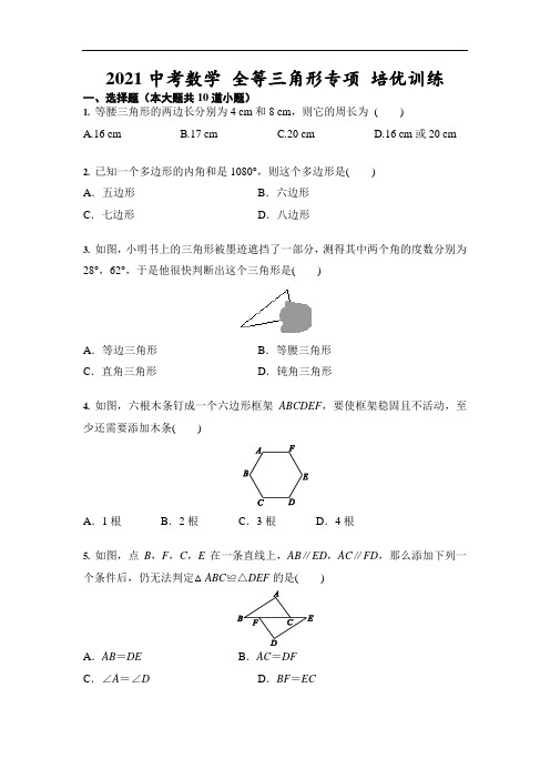 2021年中考数学 全等三角形专项 培优训练(含答案)