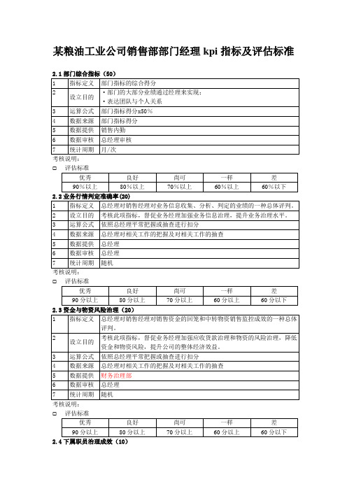 某粮油工业公司销售部部门经理kpi指标及评估标准