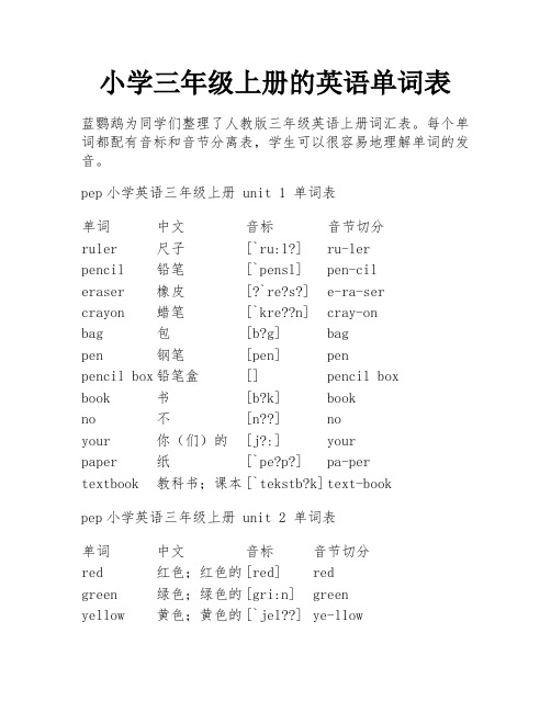 小学三年级上册的英语单词表