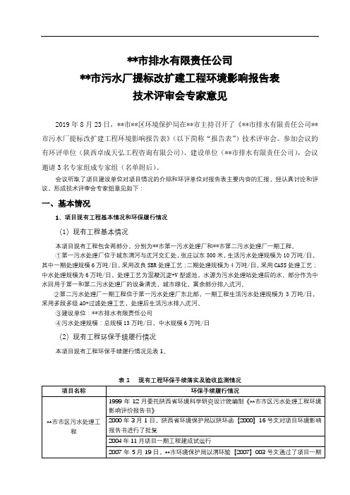 XX市排水有限责任公司XX市污水厂提标改扩建工程环境影响报告表技术评审会专家意见【模板】