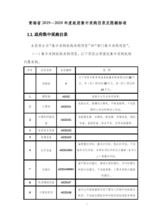 青海省2019—2020年度政府集中采购目录及限额标准