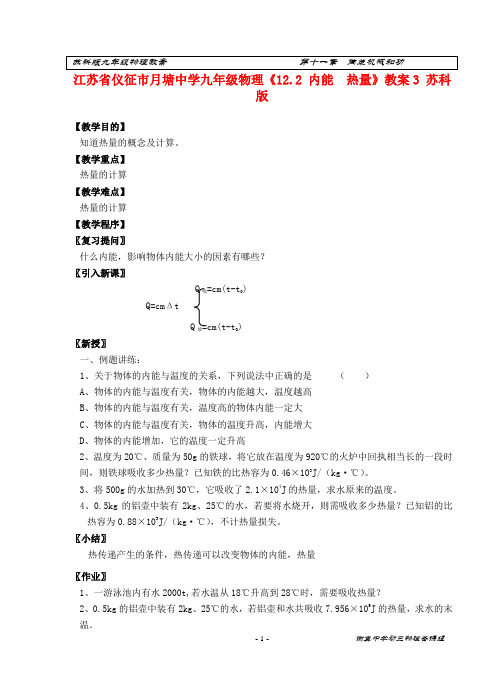 江苏省仪征市月塘中学九年级物理《12.2 内能  热量》教案3 苏科版