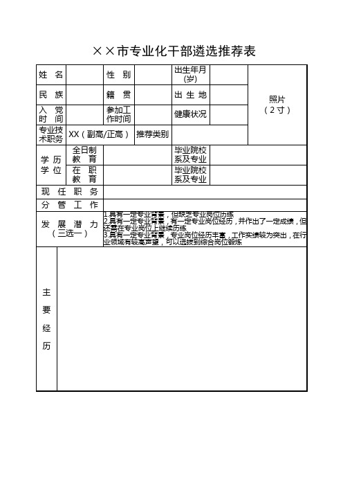 市级专业化干部遴选推荐表式样