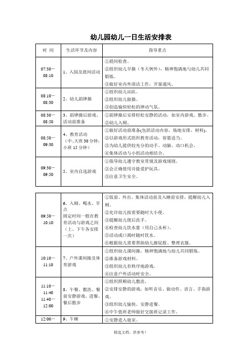 幼儿园幼儿一日生活安排表完整版本