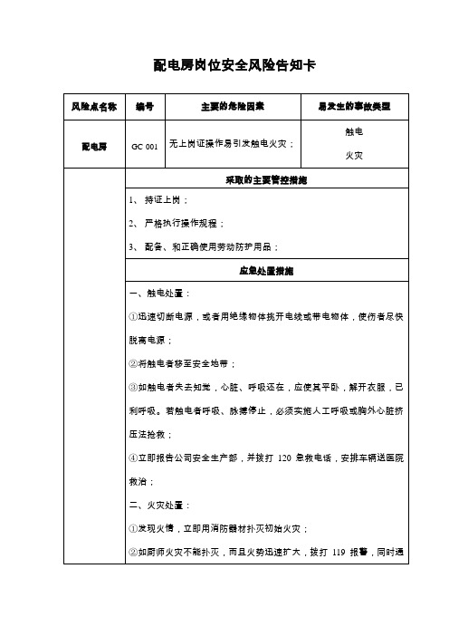 配电房岗位安全风险告知卡