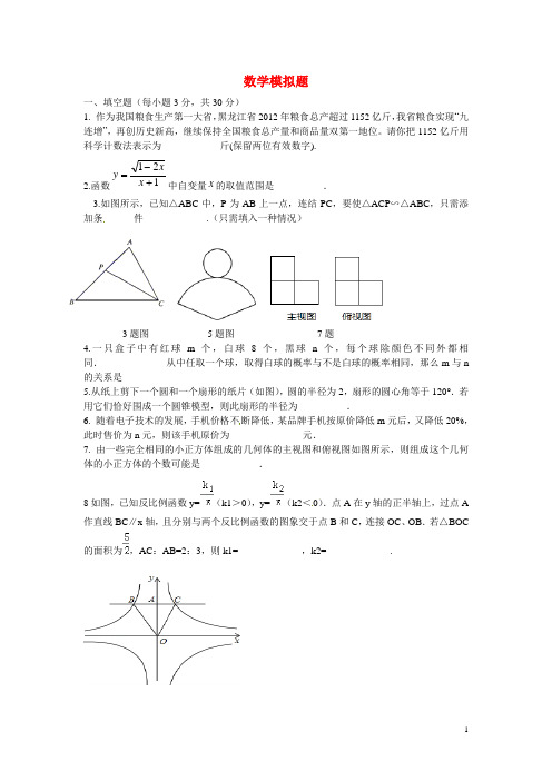 黑龙江省哈尔滨市第一零九中学2013年中考数学模拟试题1 新人教版