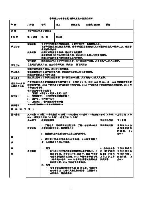 中考语文复习名著导读复习教案教学设计