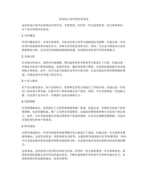 给创业计划书的评价意见